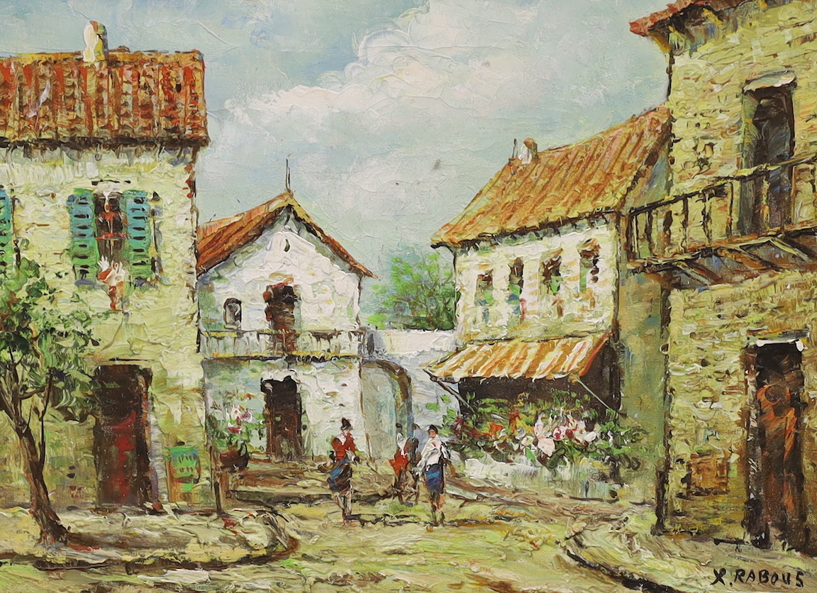 X Rabous, oil on canvas, Continental street scene, 30 x 39cm